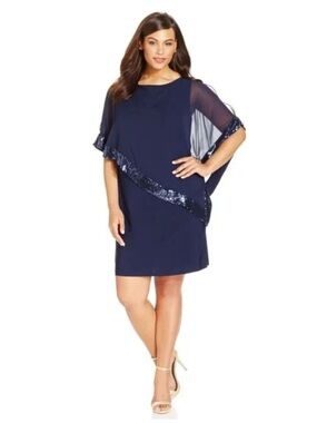 Xscape Chiffon Sequins Capelet Shift Dress Size 10 Navy Formal Party Wedding